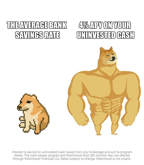 Robinhood's 2022 Gold meme with a seated pixel dog beside a buff Doge